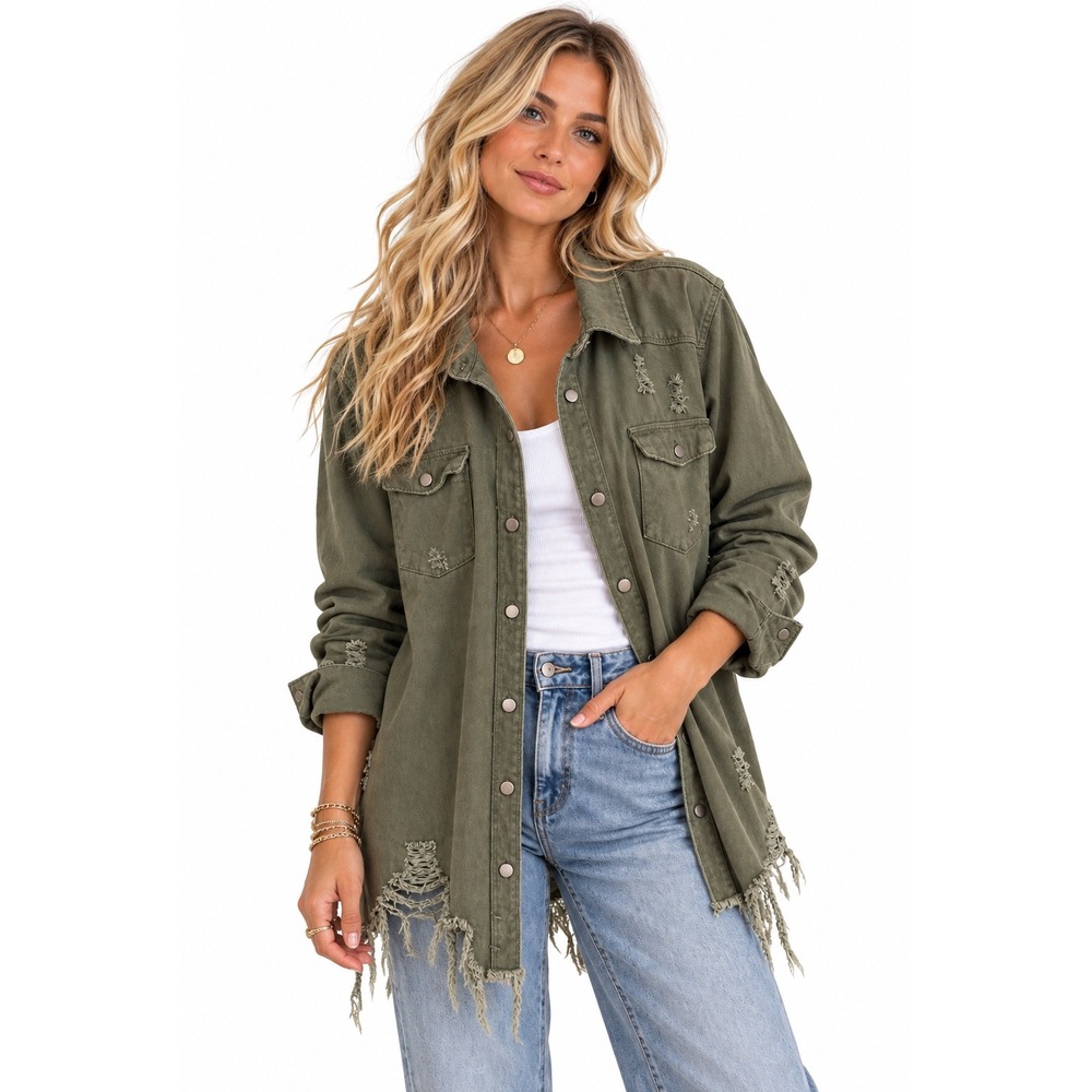 American Bazi Women Distressed Frayed Hem Shacket 2X Olive Green Utility Boho